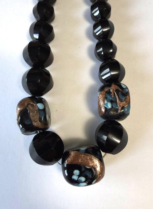 Vintage Black Faceted Bead Necklace Art Glass Foil Accent Statement Necklace