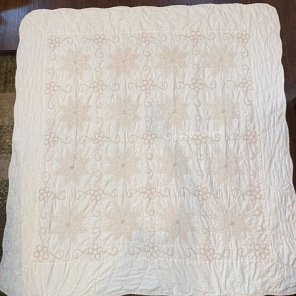 Vintage Handmade Crochet Applique Quilt Coverlet Ivory 79x72 Scalloped Edge
