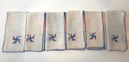 Vintage Linen Cocktail Napkins Set of 6 Embroidered Red Blue Stitching