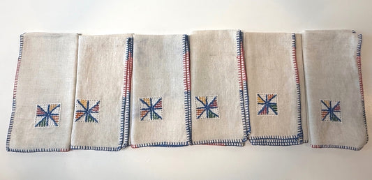 Vintage Linen Cocktail Napkins Set of 6 Embroidered Red Blue Stitching