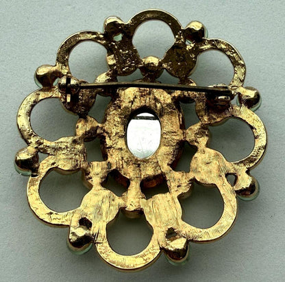 Vintage Green Rhinestone Brooch Lot 2 Floral Gold and Silver Tone