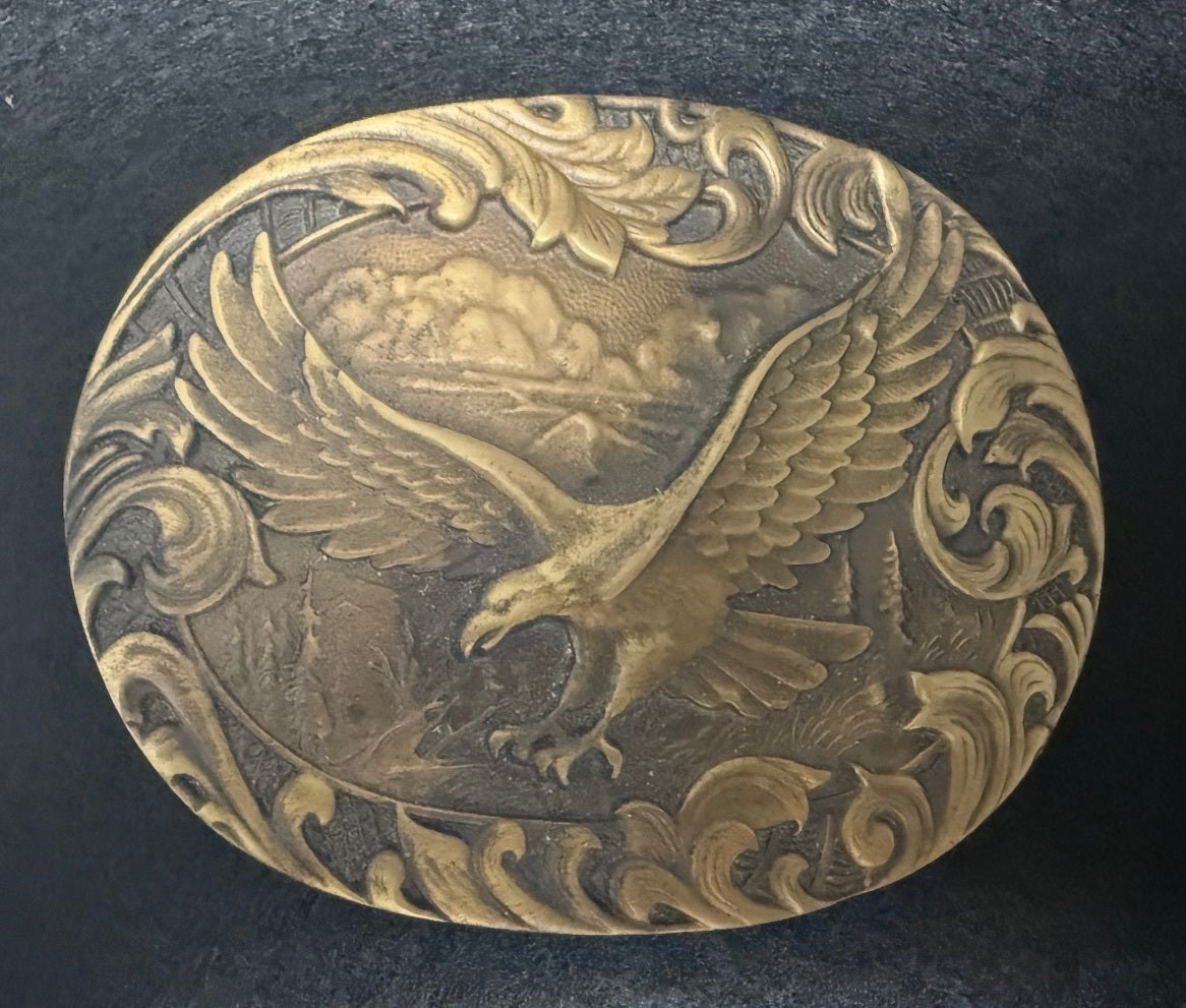 Vintage Bald Eagle Belt Buckle Ornate Scroll Western Brass Tone Americana