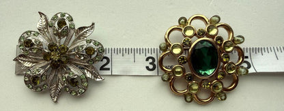 Vintage Green Rhinestone Brooch Lot 2 Floral Gold and Silver Tone