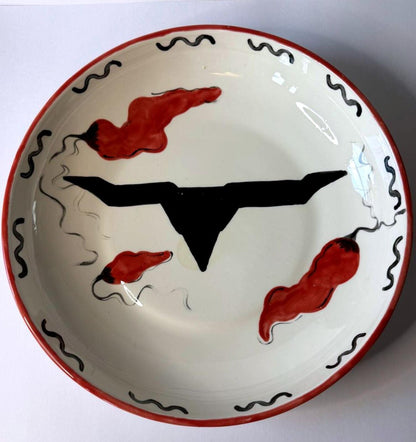 Hand Painted Texas Longhorn Ceramic Serving Bowl Southwestern Western 12”