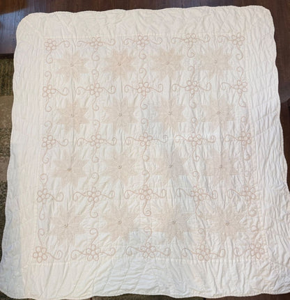 Vintage Handmade Crochet Applique Quilt Coverlet Ivory 79x72 Scalloped Edge