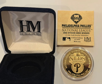 2008 Phillies NLDS Champions Highland Mint 24K Gold Overlay Medallion /5000