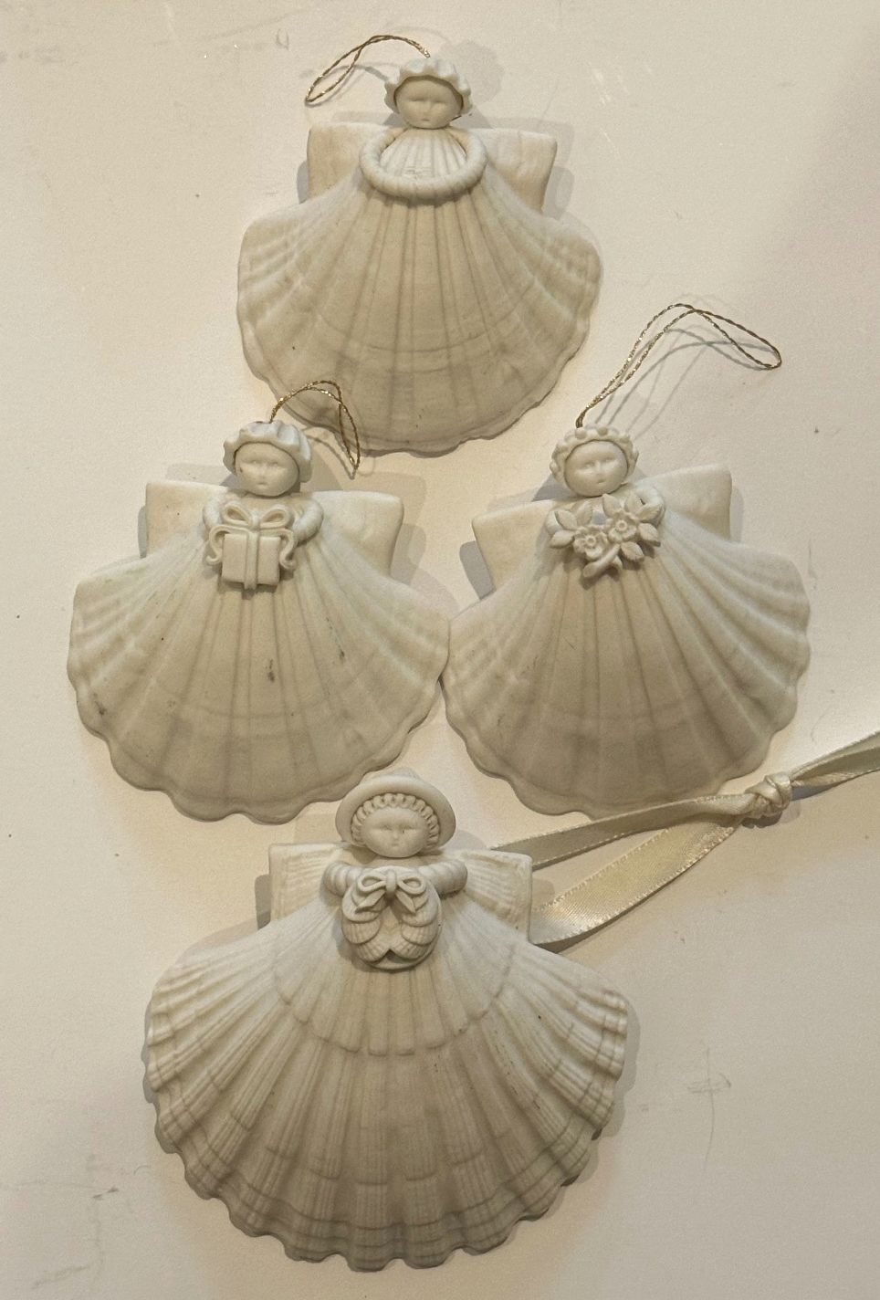 Margaret Furlong Shell Angel Ornaments Lot of 4 Bisque Porcelain 1984-1998