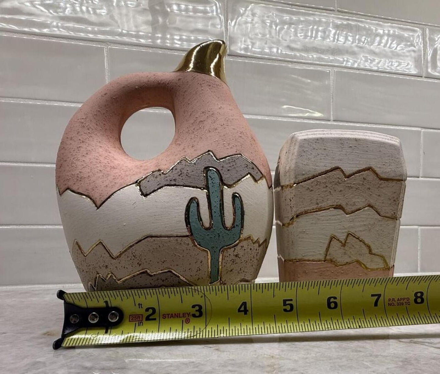 Vintage 1992 Southwest Desert Pottery Set Cactus Longhorn Art 7pcs