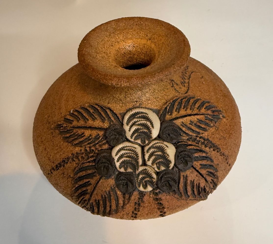 Signed Studio Pottery Vase Applied Floral Relief Art Pottery Rustic 5” Vase