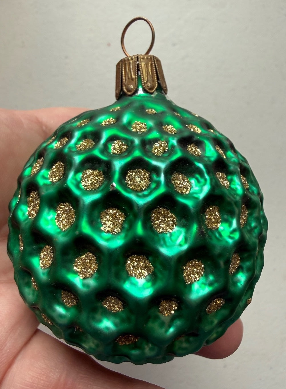 Vintage Germany Green Glass Hobnail Christmas Ornament Gold Glitter 3”