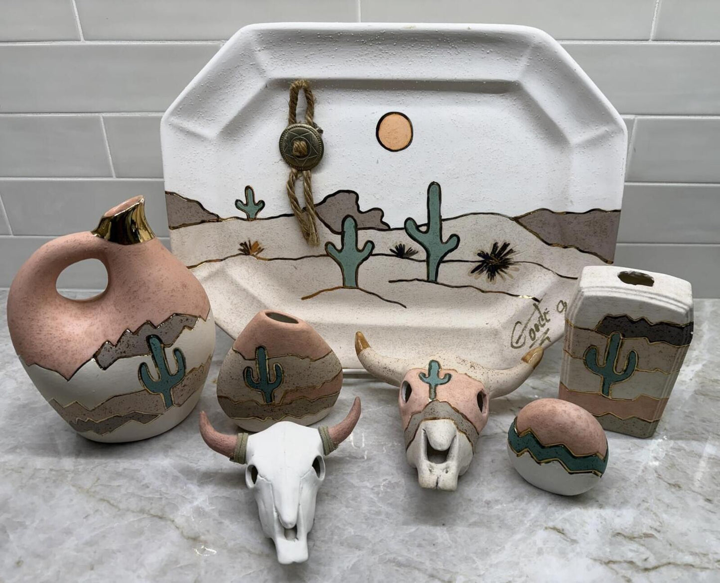 Vintage 1992 Southwest Desert Pottery Set Cactus Longhorn Art 7pcs
