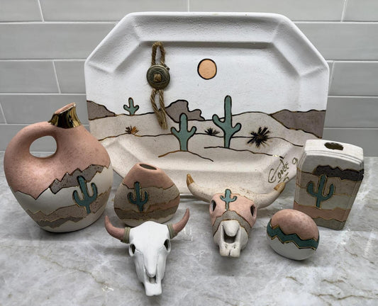 Vintage 1992 Southwest Desert Pottery Set Cactus Longhorn Art 7pcs