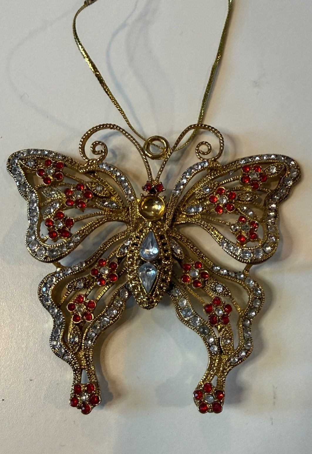 Gold Tone Rhinestone Butterfly Christmas Ornament Red & Clear Crystals