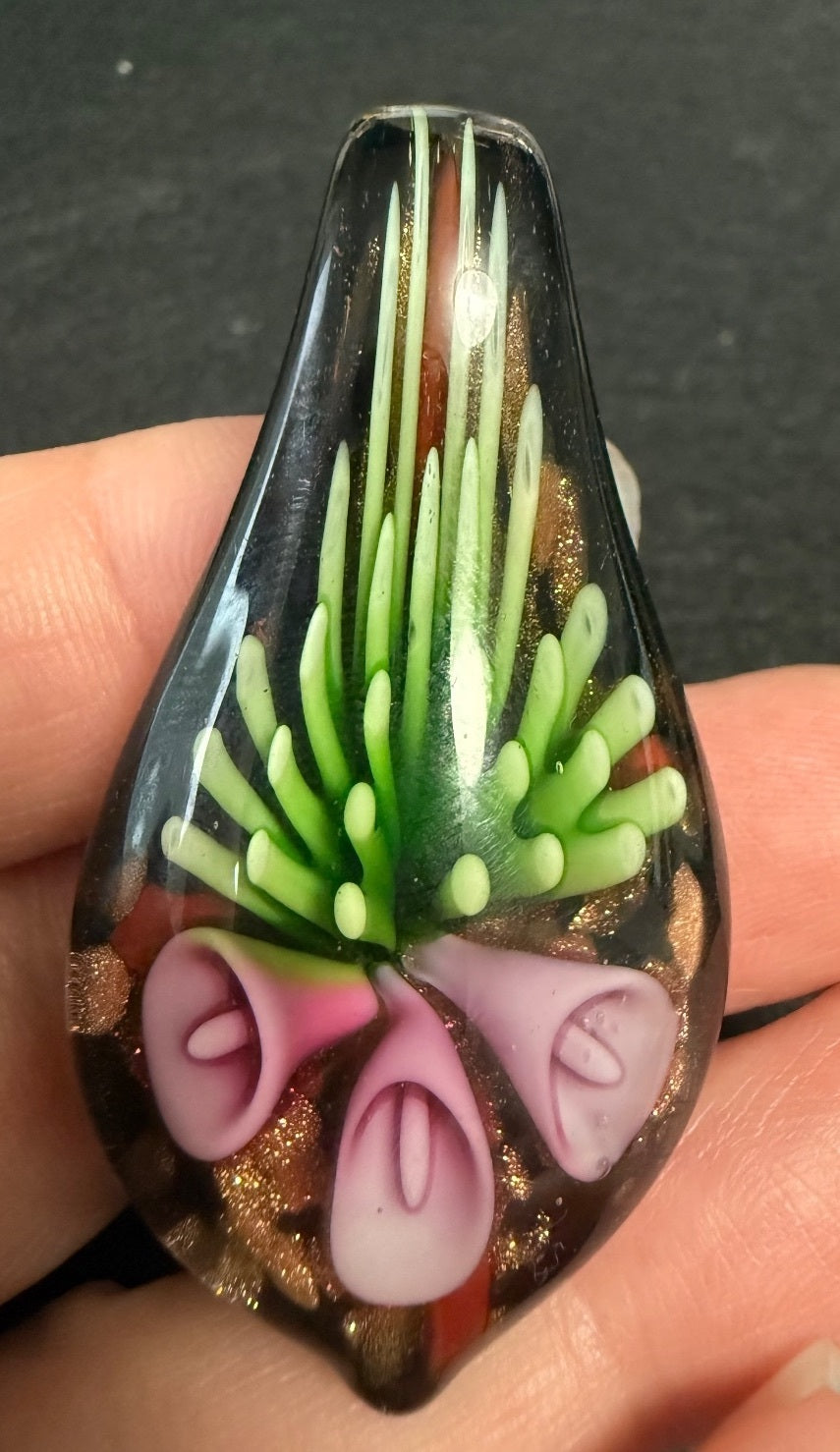 Murano Style Lampwork Glass Floral Pendant Necklace Pink Flowers Aventurine – alternate product view 7 of 8