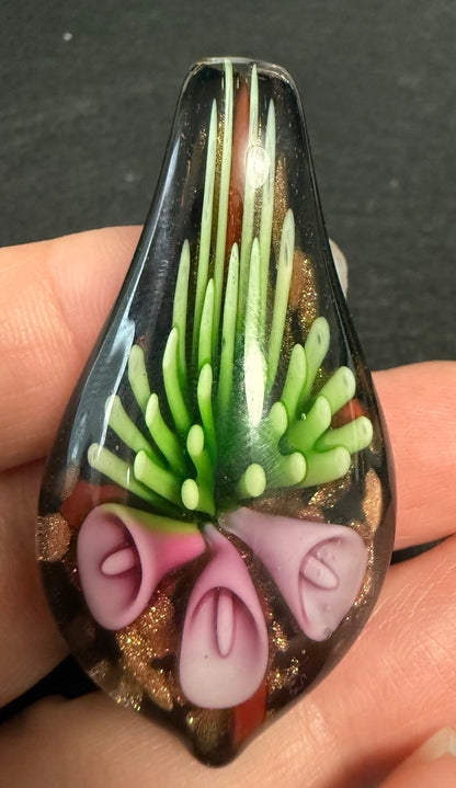 Murano Style Lampwork Glass Floral Pendant Necklace Pink Flowers Aventurine – alternate product view 7 of 8