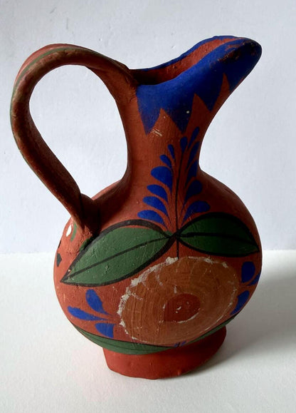 Vintage Hand Painted Mexican Red Clay Pottery Pitcher Made in Mexico