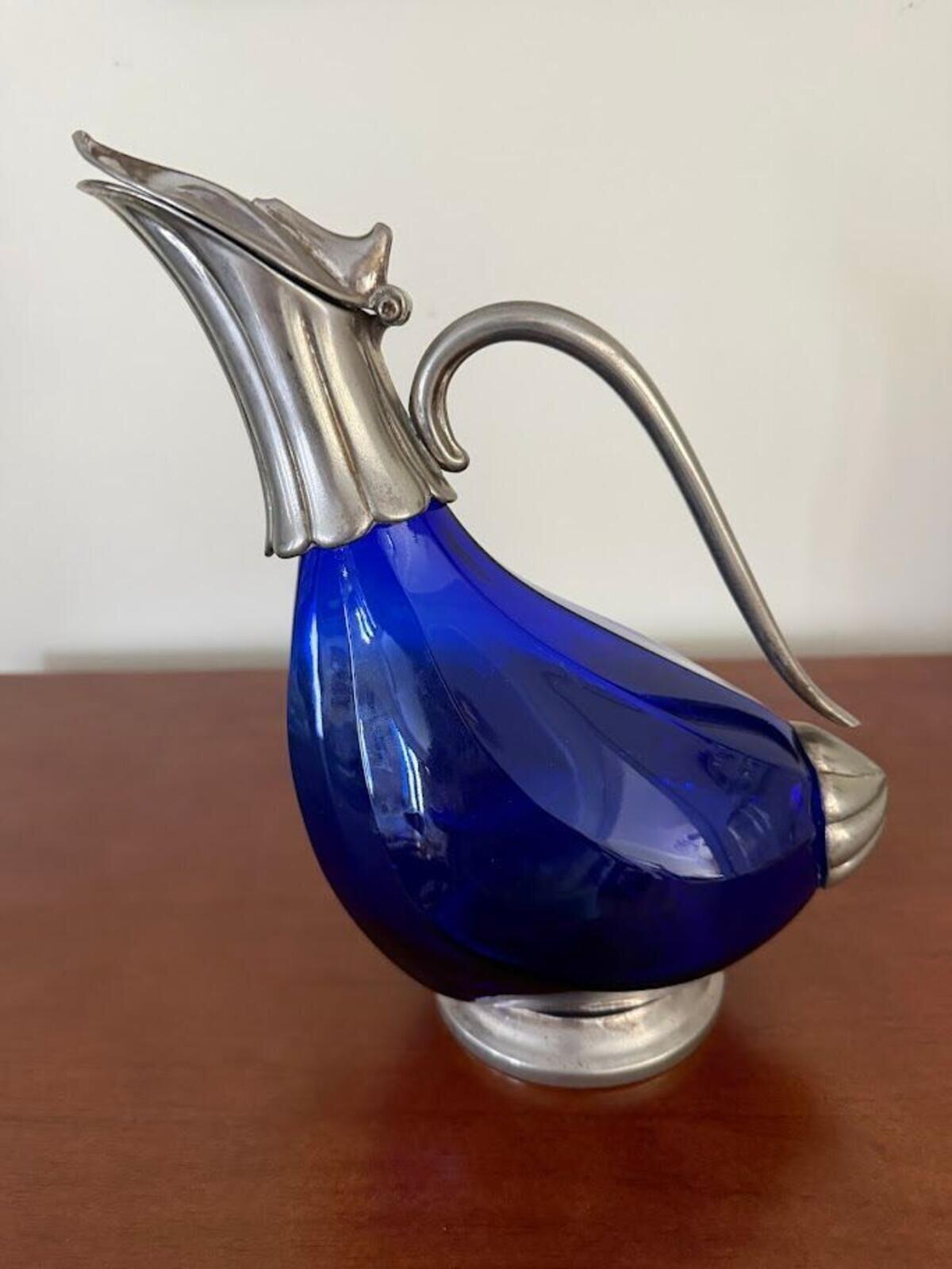 Vintage Italian Cobalt Blue Glass Duck Decanter Silver Plated 9.5”