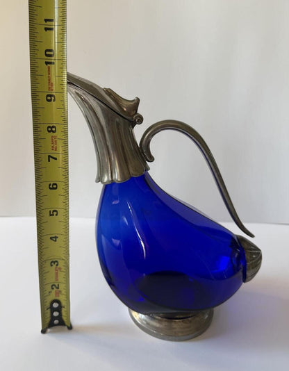 Vintage Italian Cobalt Blue Glass Duck Decanter Silver Plated 9.5”