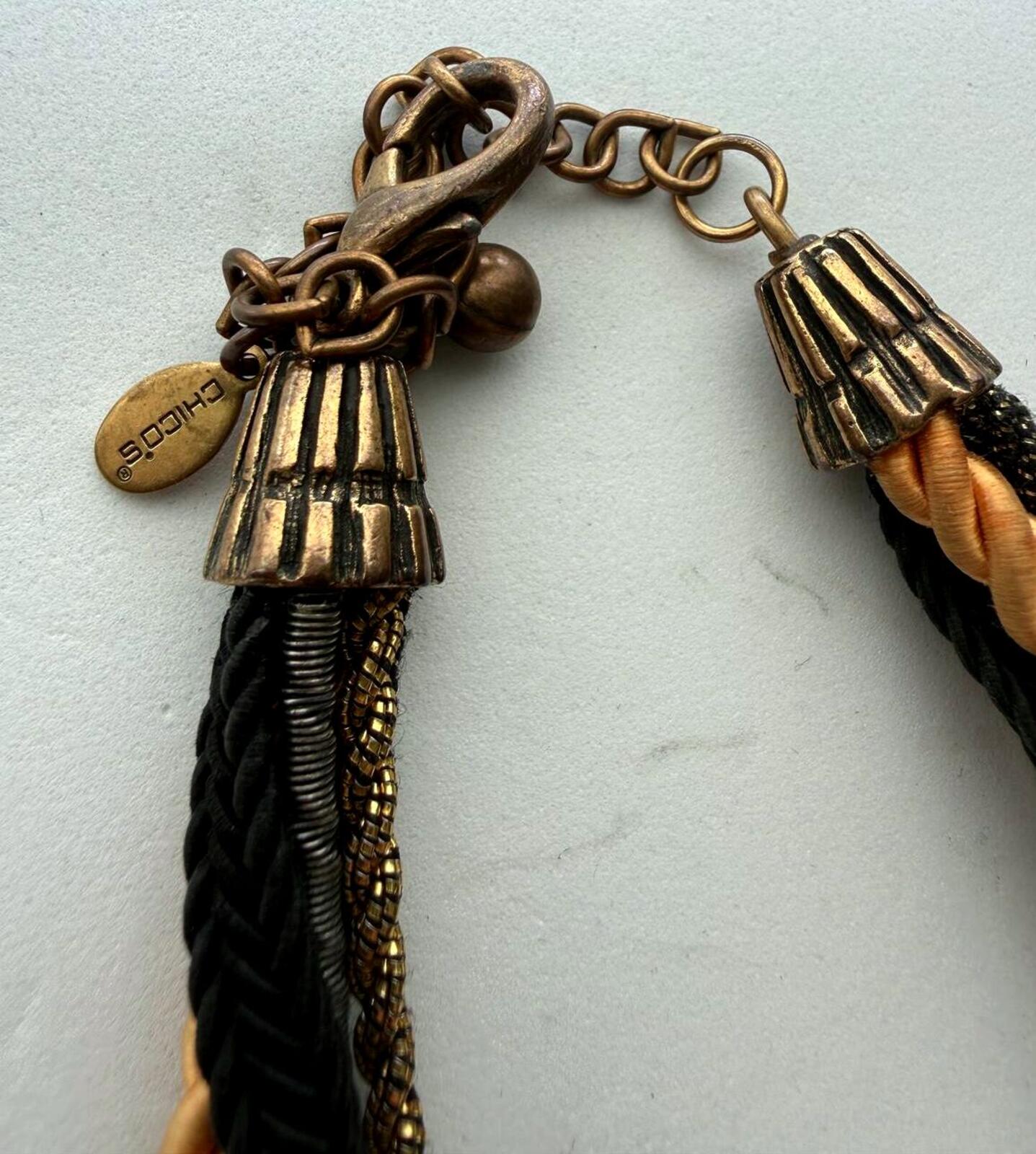 Chico's Multistrand Necklace Brown Black Gold Beaded Tassel Statement