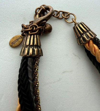 Chico's Multistrand Necklace Brown Black Gold Beaded Tassel Statement