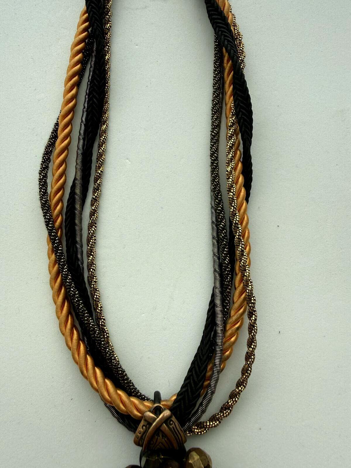 Chico's Multistrand Necklace Brown Black Gold Beaded Tassel Statement
