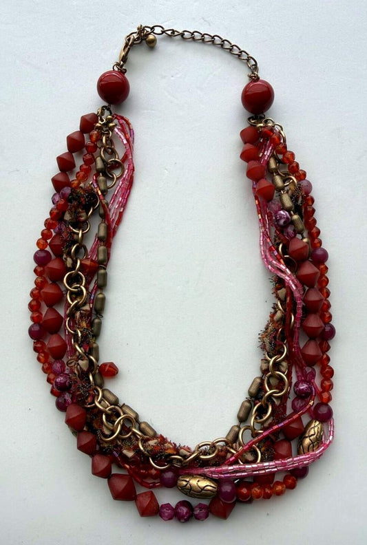 Chico's Multistrand Beaded Statement Necklace Red Pink Purple Artisan Boho Chic
