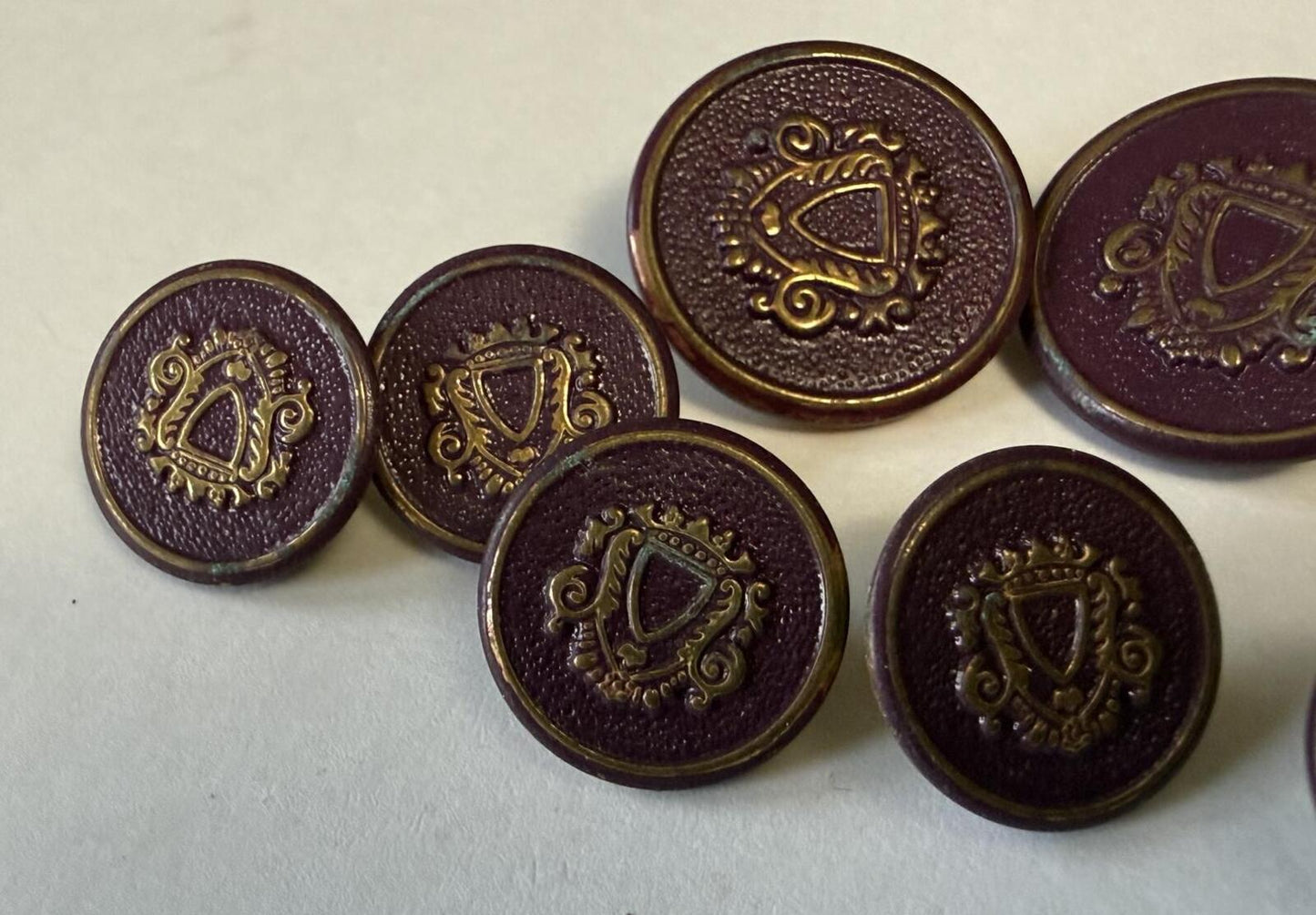 Vintage Lot of 8 Burgundy & Gold Heraldic Crest Shank Buttons Blazer Coat Sewing