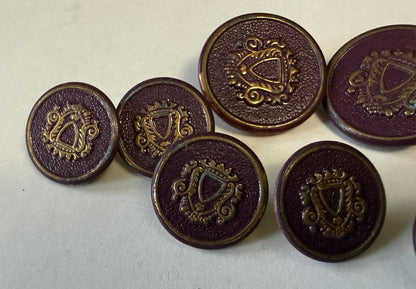 Vintage Lot of 8 Burgundy & Gold Heraldic Crest Shank Buttons Blazer Coat Sewing