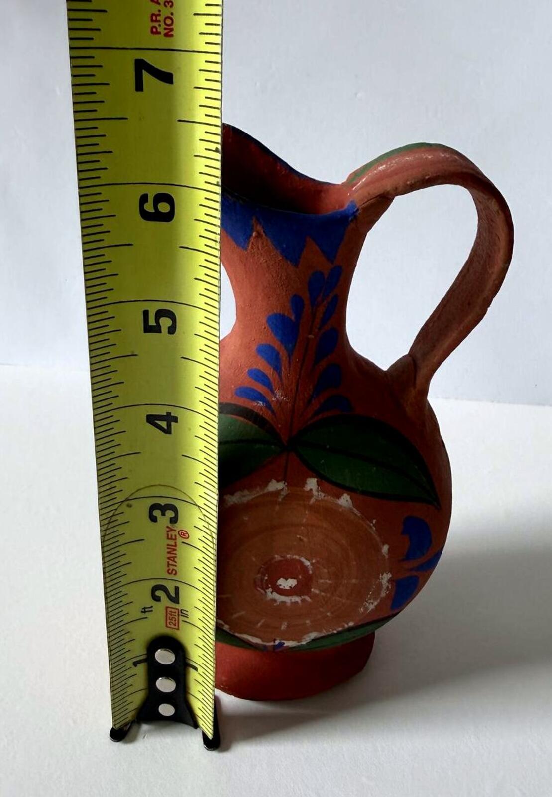 Vintage Hand Painted Mexican Red Clay Pottery Pitcher Made in Mexico