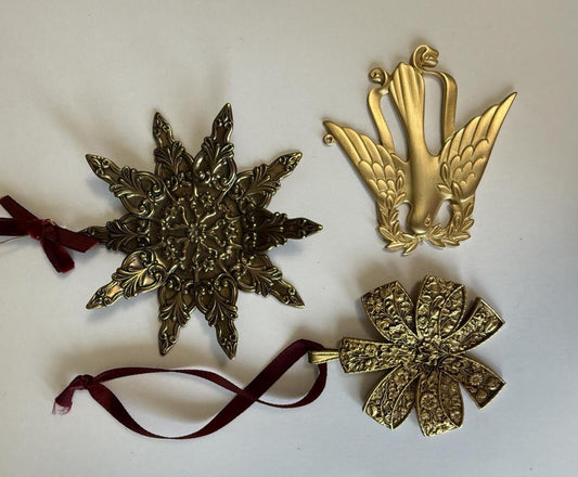 Vintage Ornament Lot 3 NGA Bow R&B Dove Snowflake Gold Tone Christmas Decor