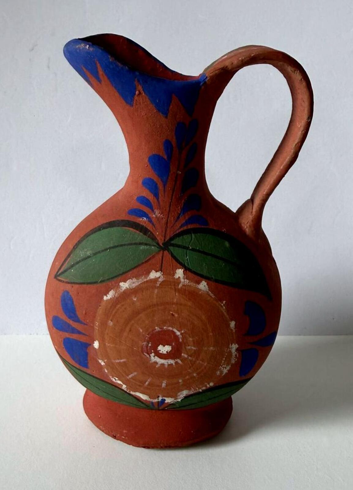 Vintage Hand Painted Mexican Red Clay Pottery Pitcher Made in Mexico